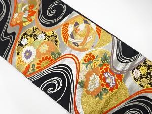 流水に鳳凰・花模様織り出し　袋帯